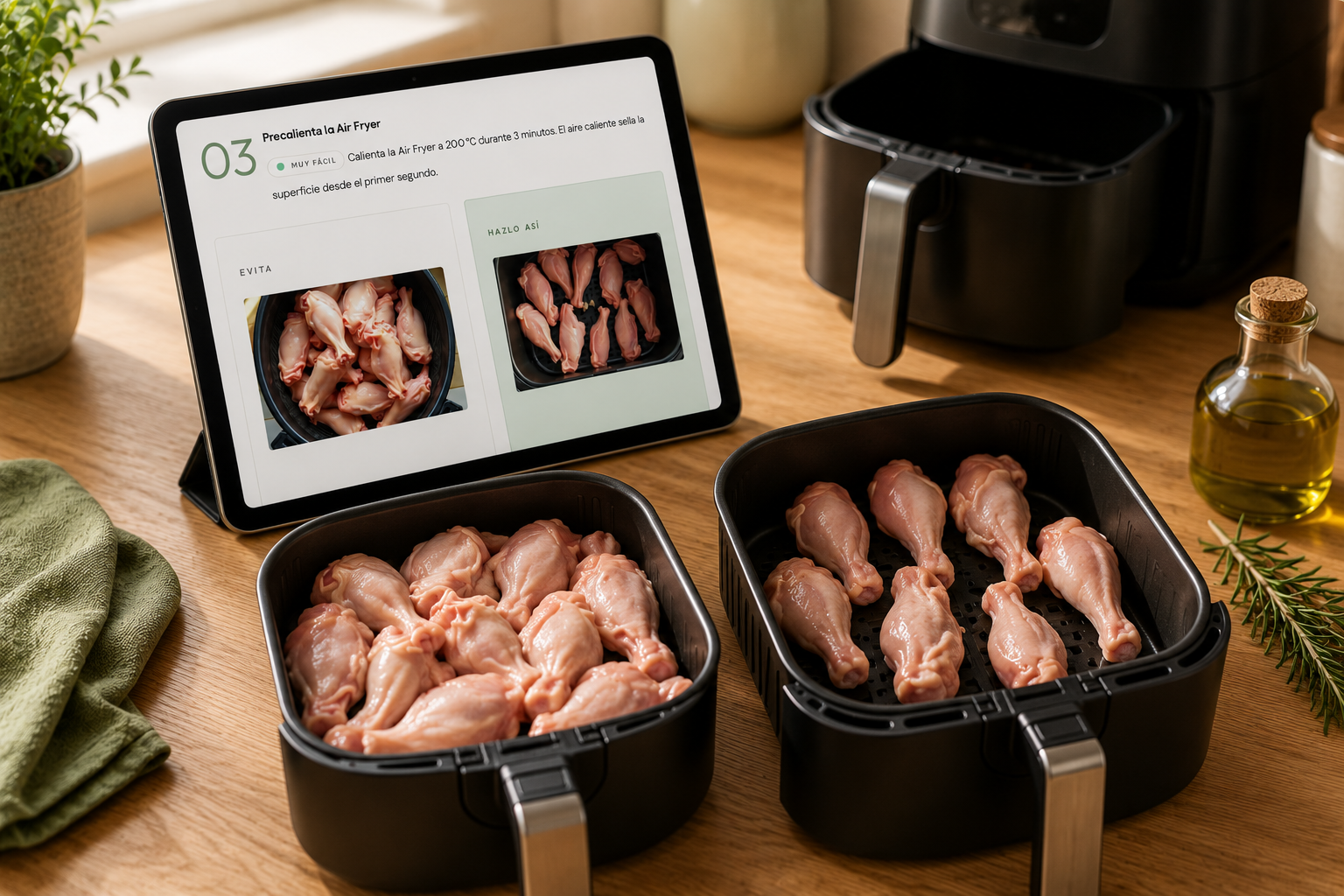 Ipad mostrando una receta real de AirChef+ en español, indicando los pasos detallados.