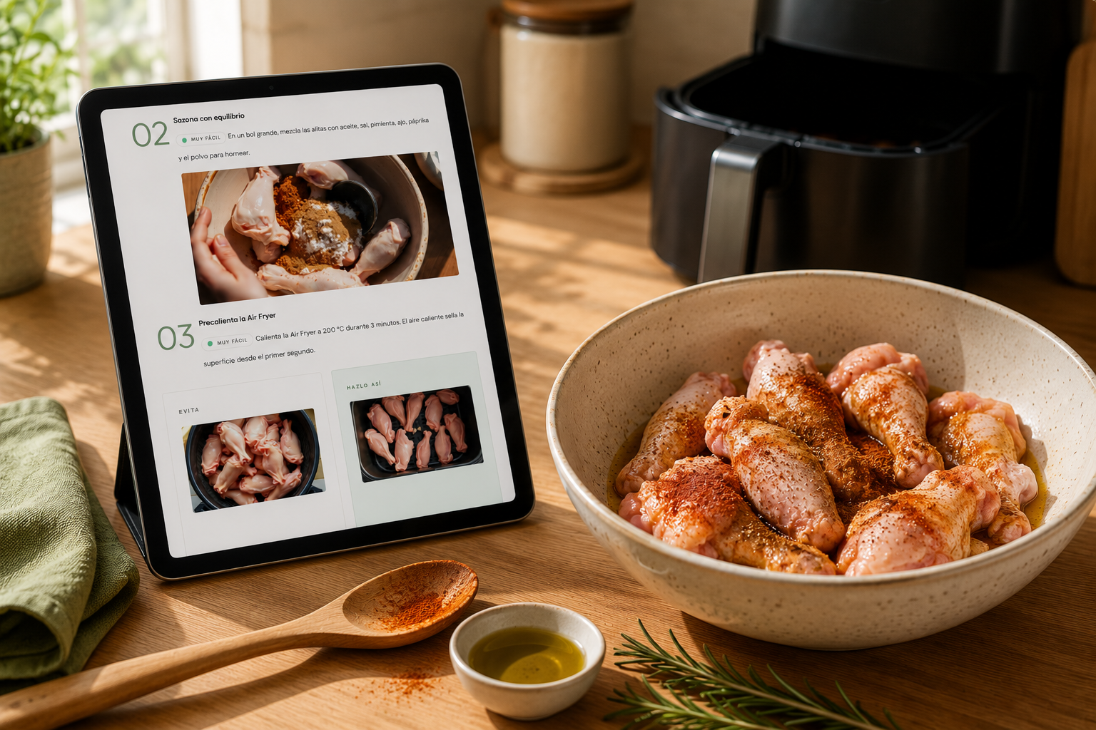 Persona observando una Air Fryer con papas congeladas, representando la falta de uso del aparato.