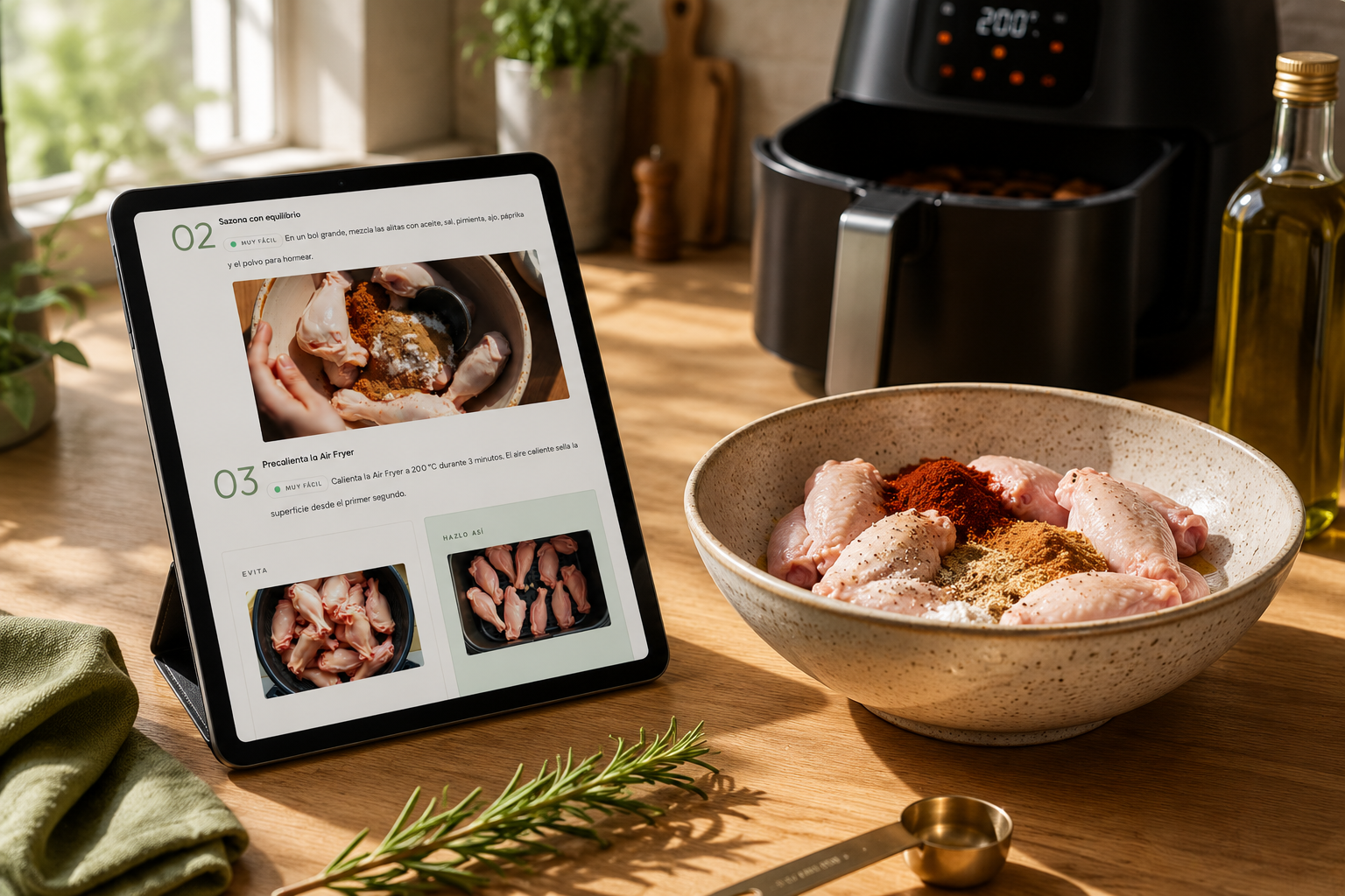 Contenido AirChef+: Preparación de alitas de pollo con especias siguiendo una receta en una tablet, con una Air Fryer negra al fondo en una cocina cálida y moderna.