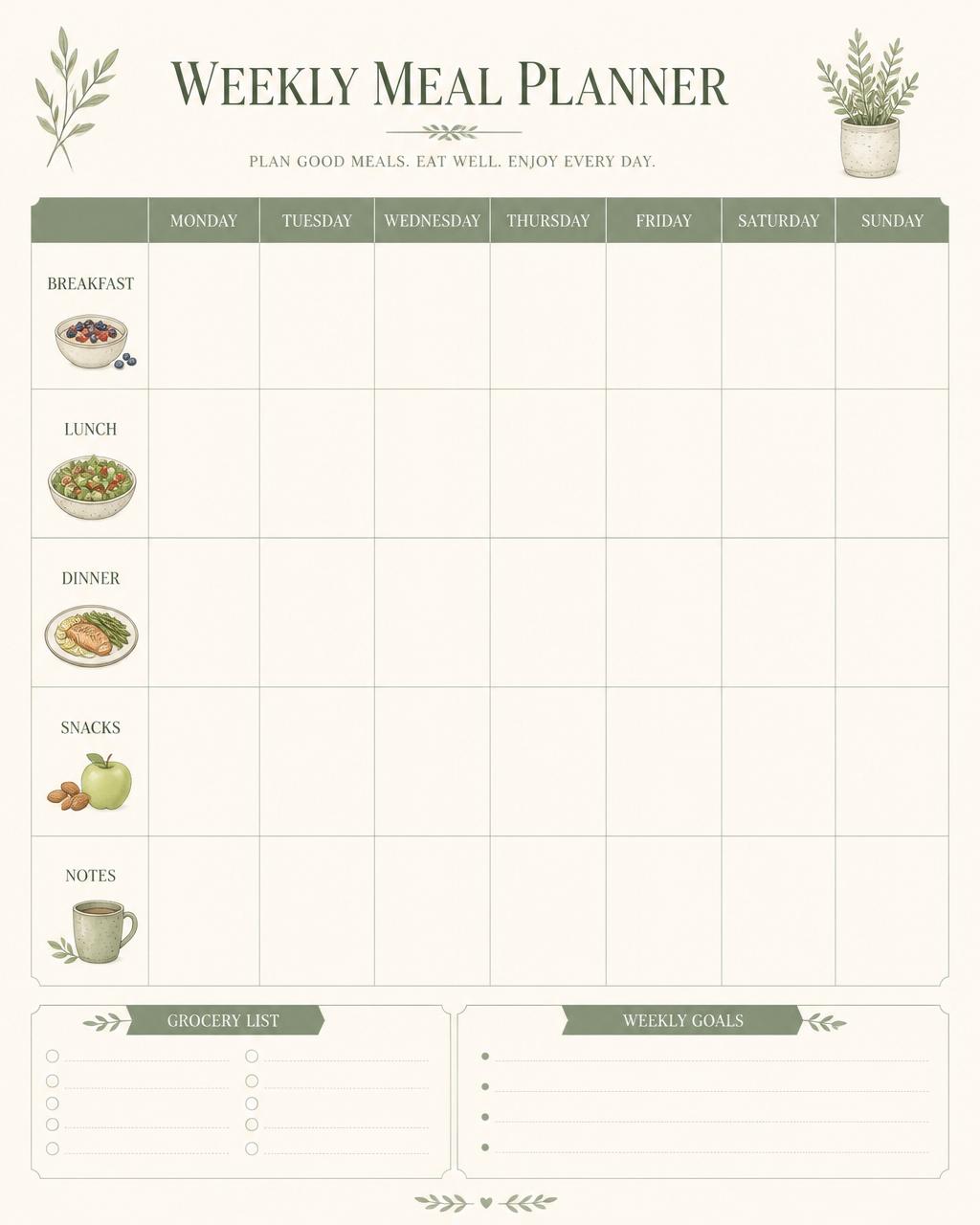 Página interior: planificador semanal de comidas